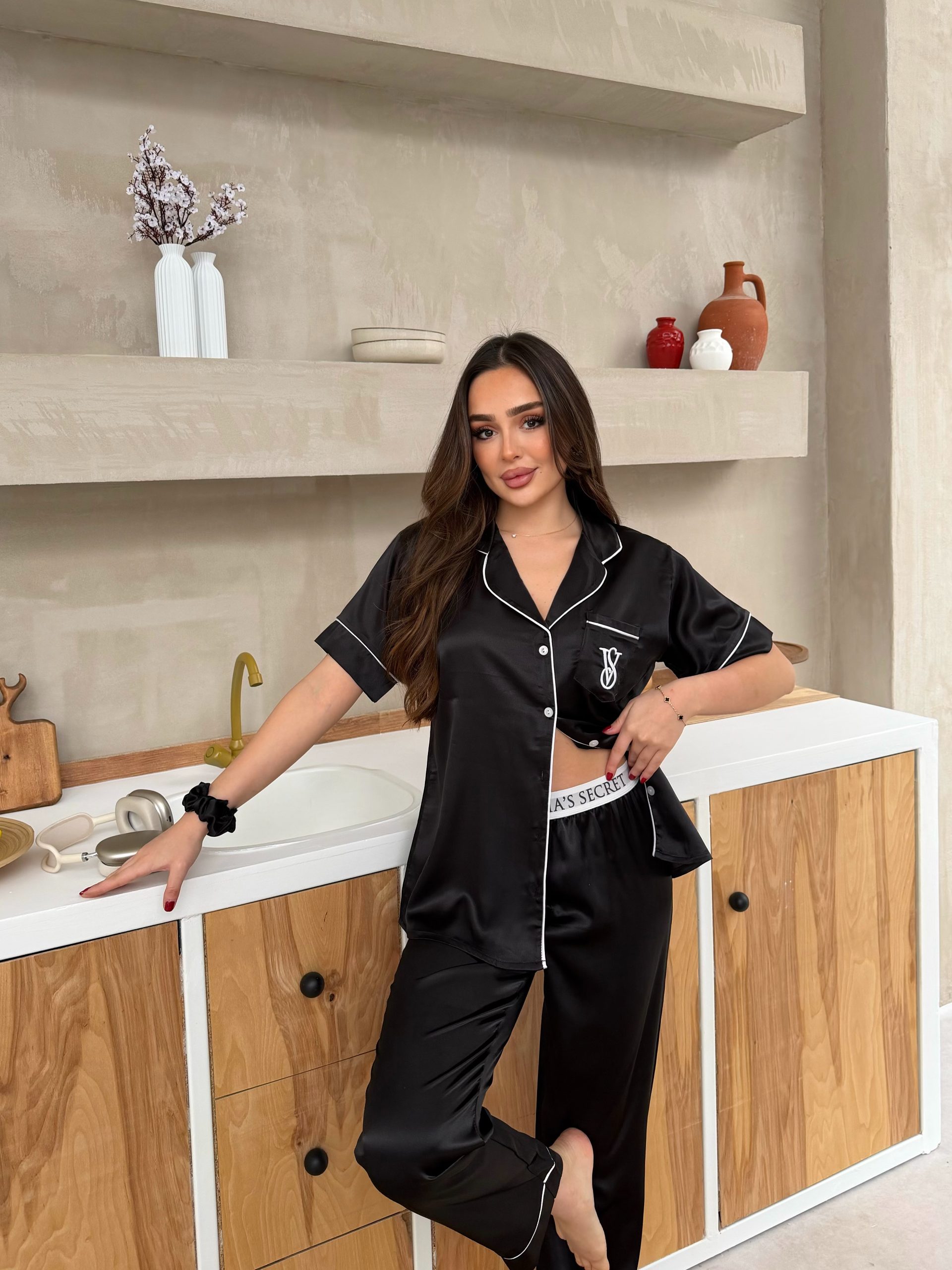 Parlak Saten Uzun Pijama Takımı Siyah