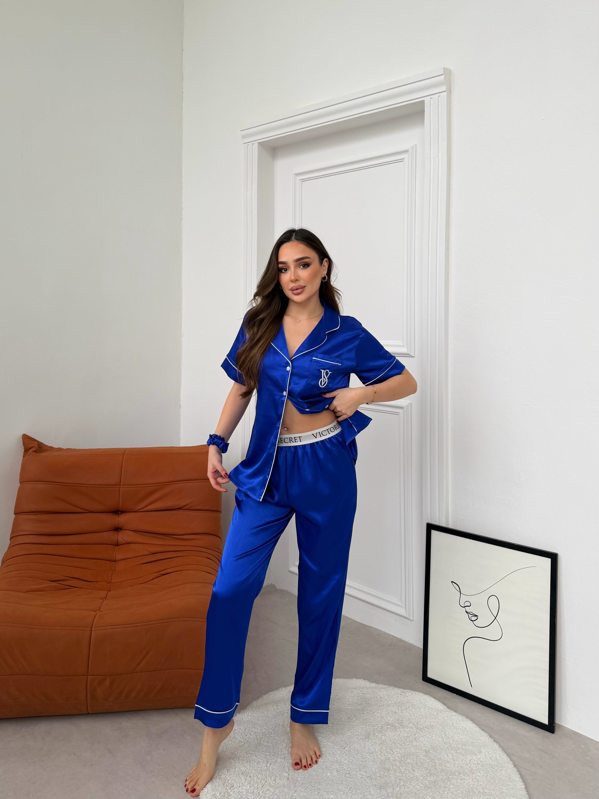 Parlak Saten Uzun Pijama Takımı Mavi