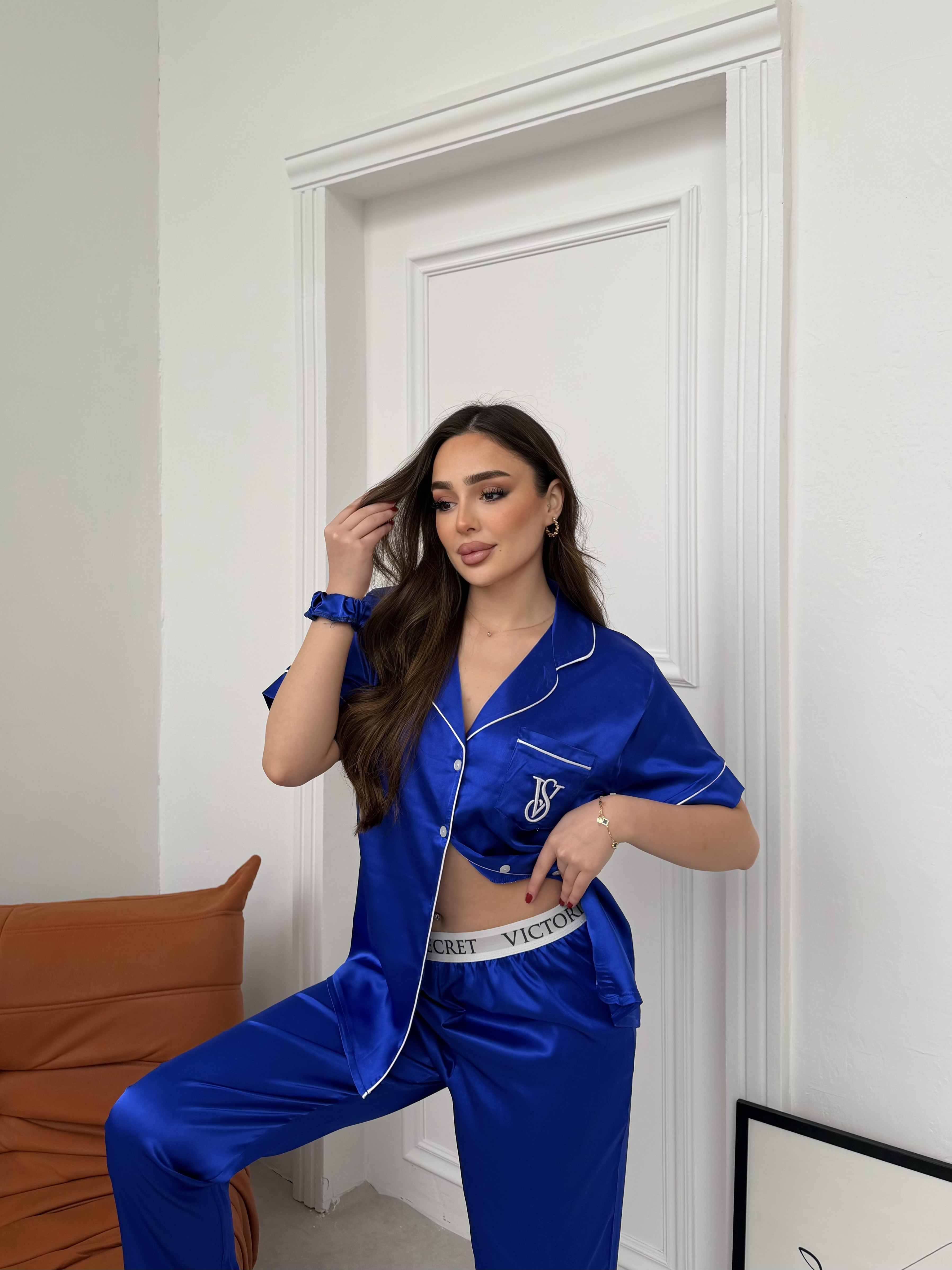 Parlak Saten Uzun Pijama Takımı Mavi